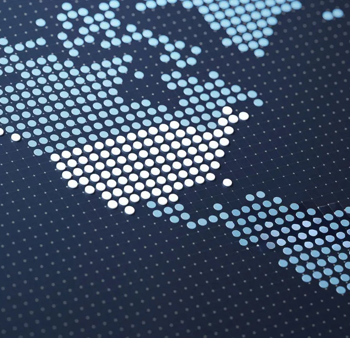 World map made of dots on a dark blue background